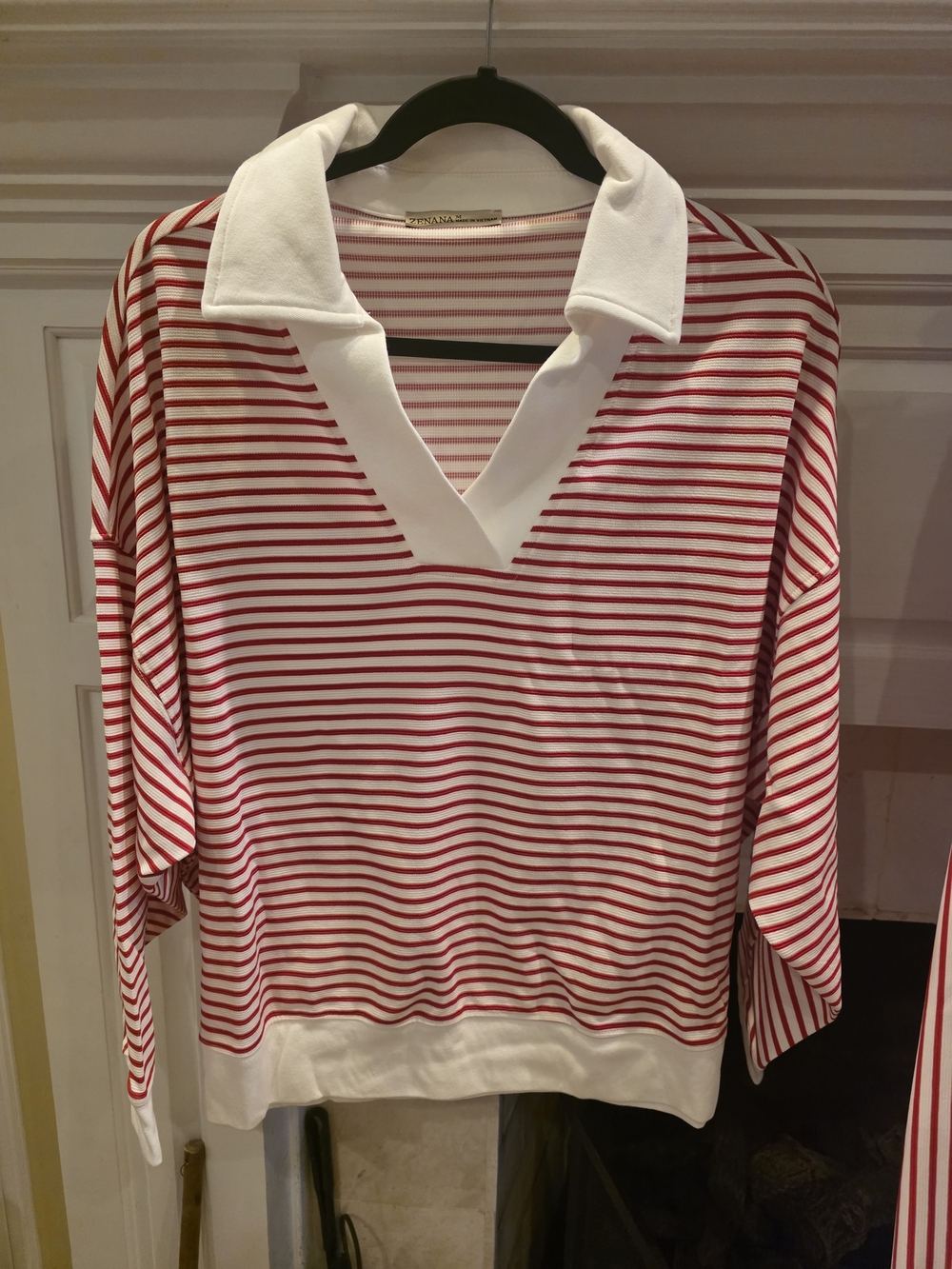 Zenana Outfitters Red & White Striped Wide-Leg Pant And Top Set with Collar - Picture 2 of 5
